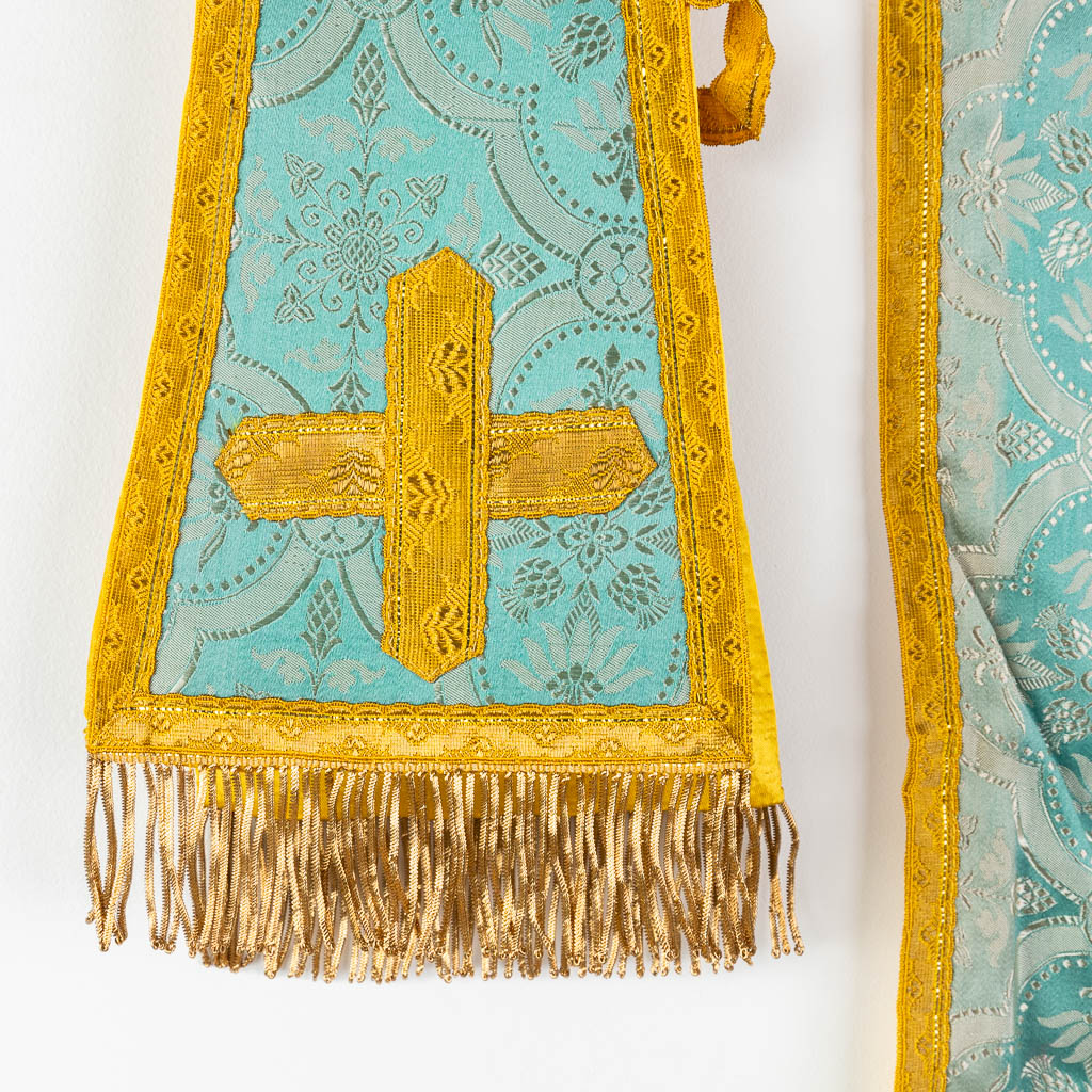 A set of Liturgical robes, 2 Roman Chasubles, Manipel and stola and Chalice Veil