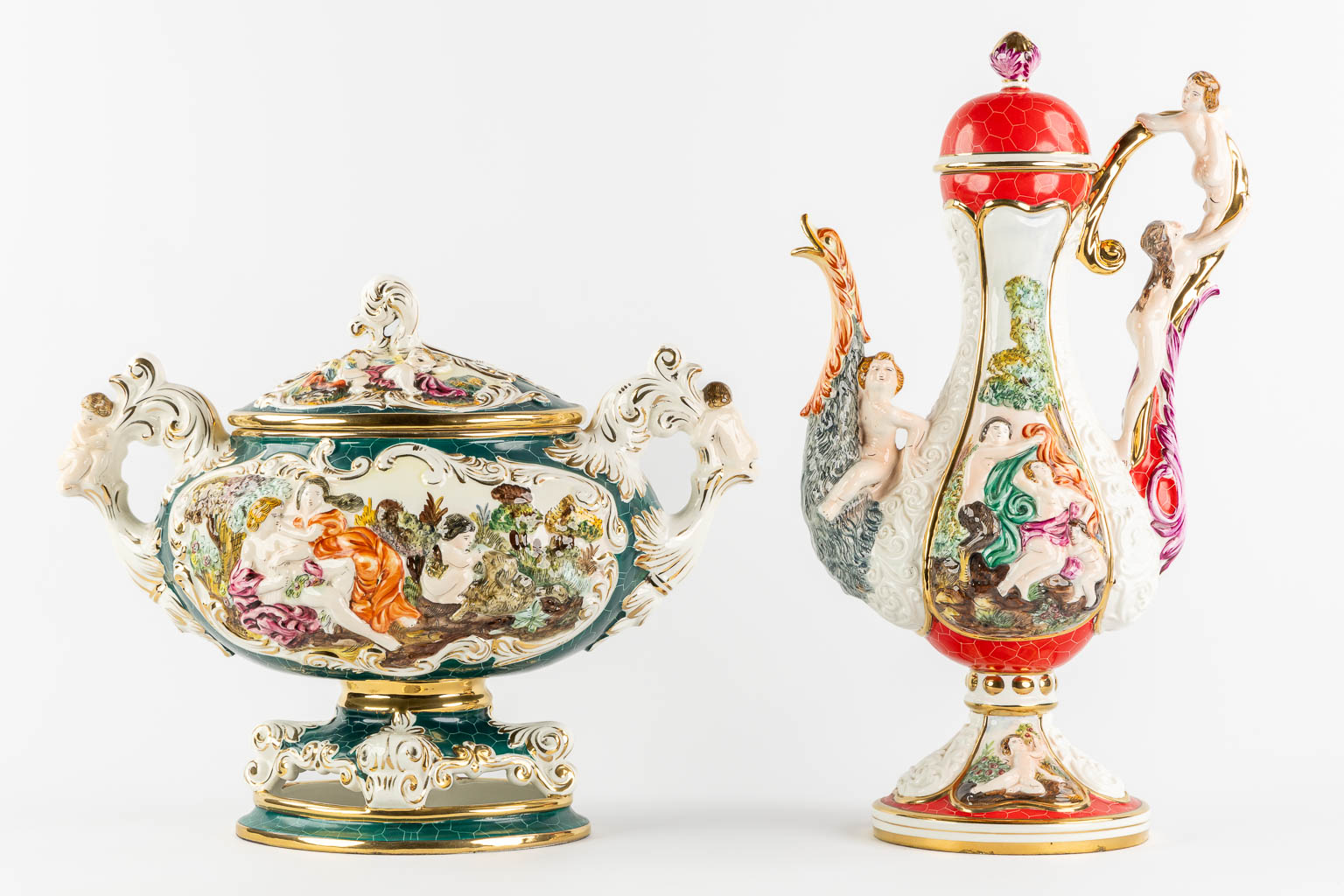Two vases and a plate, glazed faience, Capodimonte, Italy. (L:21 x W:30 x H:54 cm)
