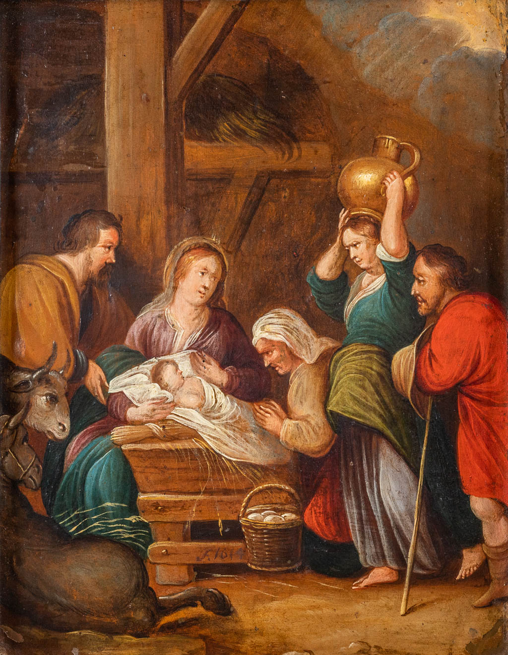 An antique Christmas scène 'The Adoration of the Shephards', oil on copper. 17th C. (W:17 x H:22 cm)