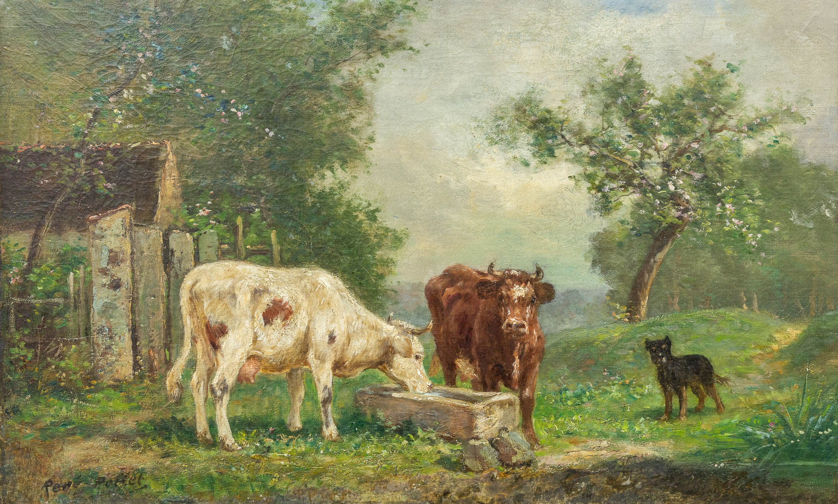 Rene POLLET (XIX) een landschap met vee, olie op doek. (56 x 39 cm)