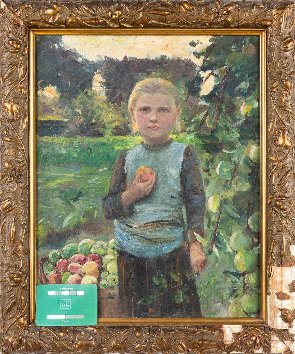 Georges VAN DEN BOS (1853-1911) 'Girl' een schilderij van een jongedame met appel, olie op paneel. (33 x 41 cm)
