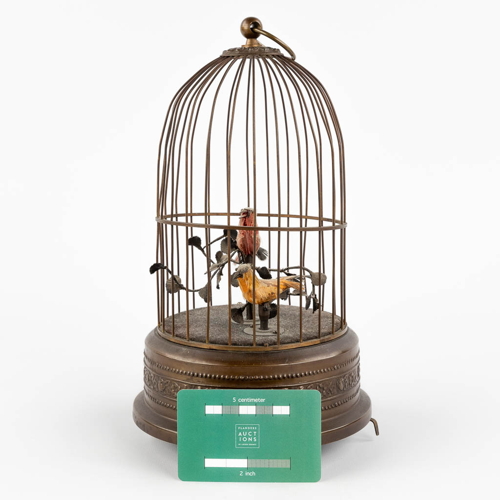 Een mechanische vogelkooi, automaat met muziekdoos. (H:28 x D:15,5 cm)
