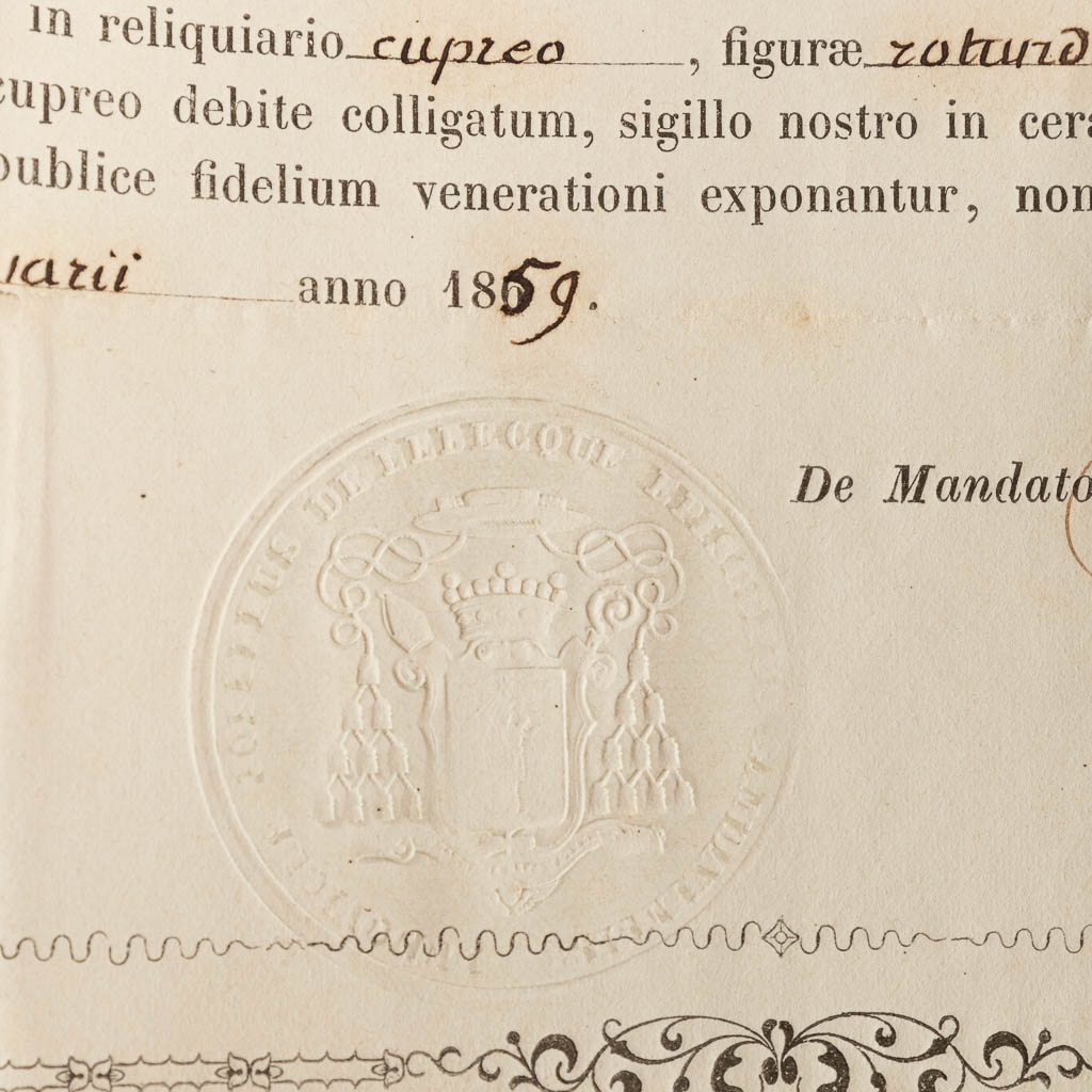 A sealed theca with a relic: Ex Ossibus Sanctae Felicitatis Martyris
