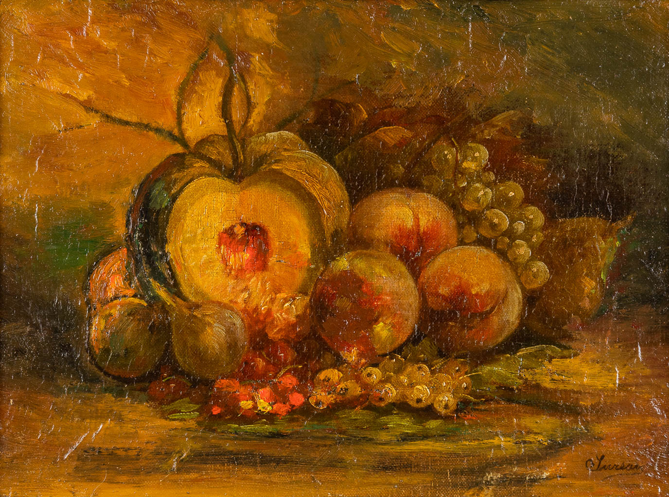 SUREAU (XIX-XX) 'Stilleven met fruit' olie op doek op board. (W:34 x H:24 cm)