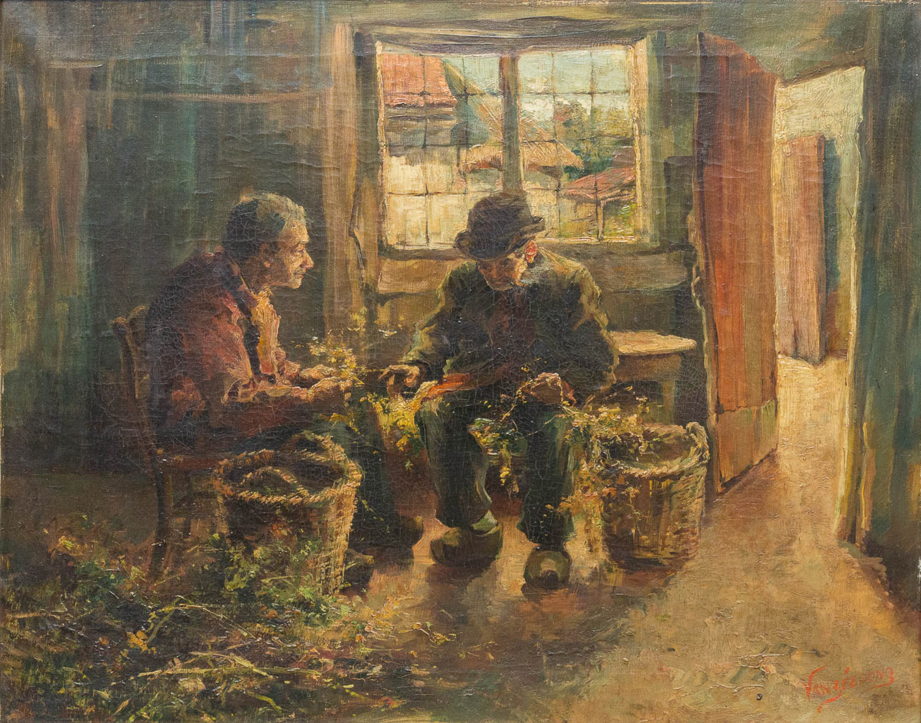 An antique interior with 2 farmers, oil on canvas. Marked Vanzeedonq. 