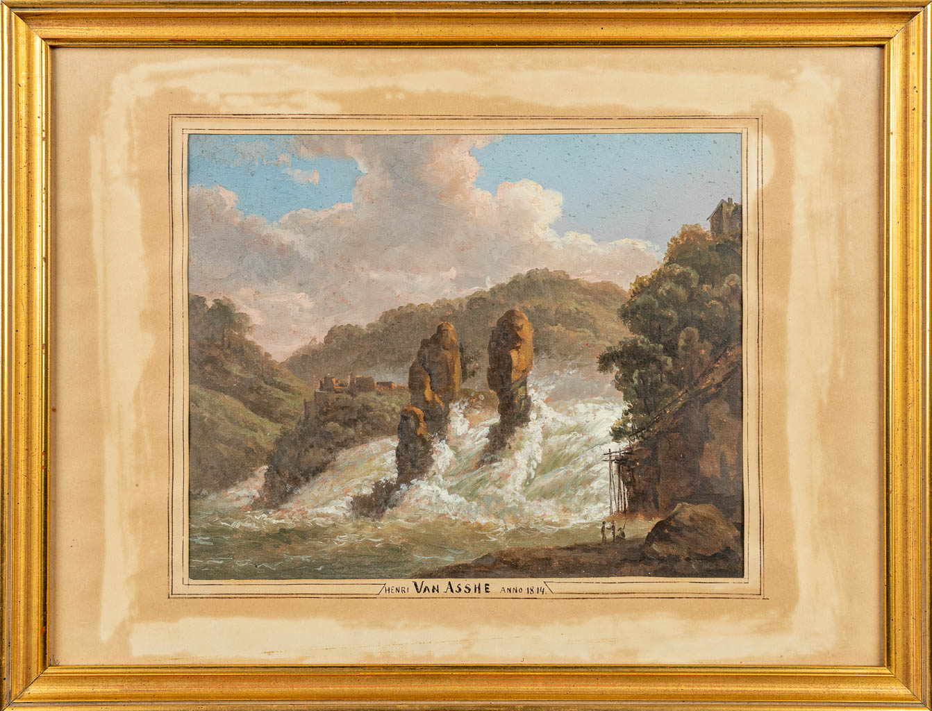 Henri VAN ASSCHE (1774-1841) 'The Waterfall' a painting, oil on paper. (26 x 20 cm)