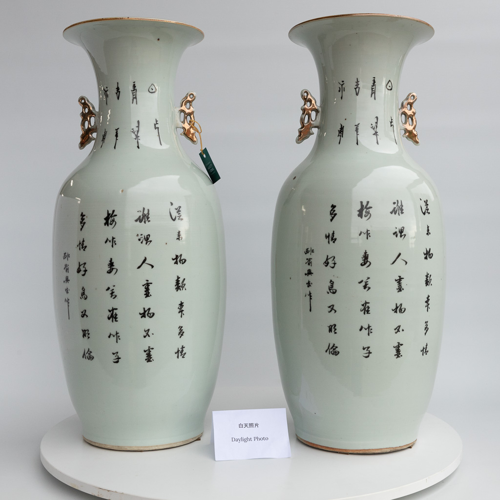 A pair of vases made of Chinese porcelain and decorated with peacocks and cranes.