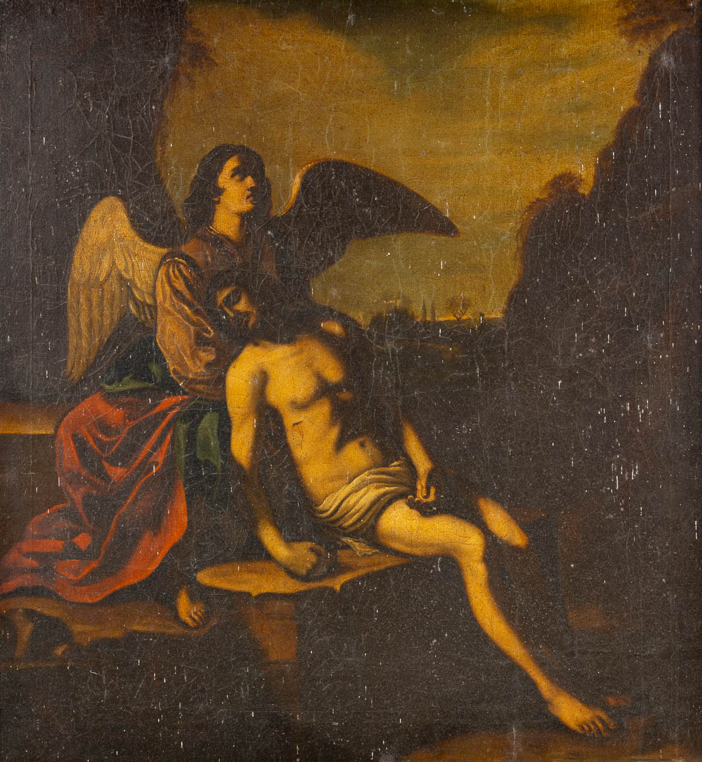 Lot 502 Gestorven Christus met een aartsengel, olie op paneel. 18de/19de eeuw. (W:75,5 x H:80,5 cm)