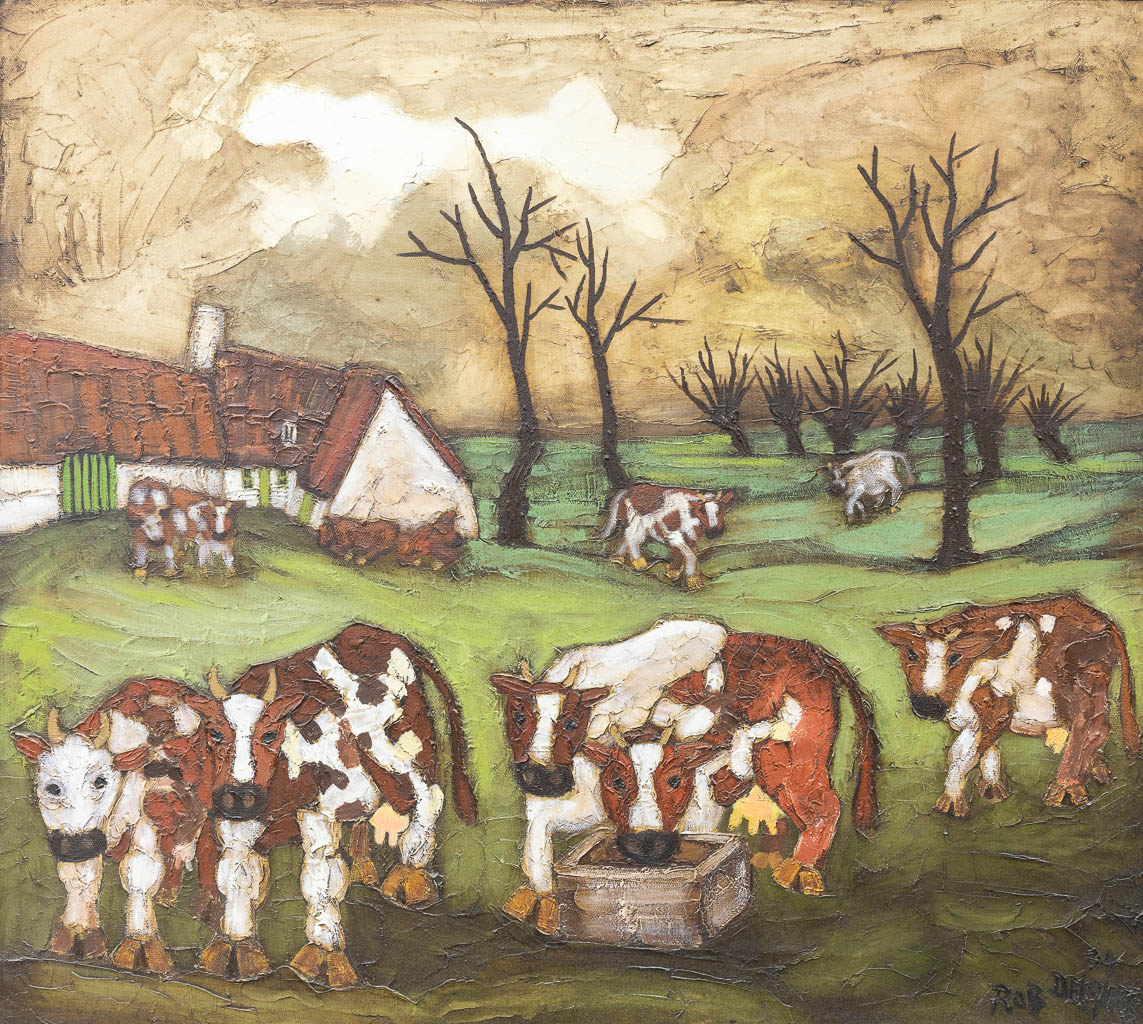 Rob DE LANGE (XX-XXI) 'Bonkig gedoe' een schilderij met boerderij en vee, olie op doek. (100 x 90 cm)