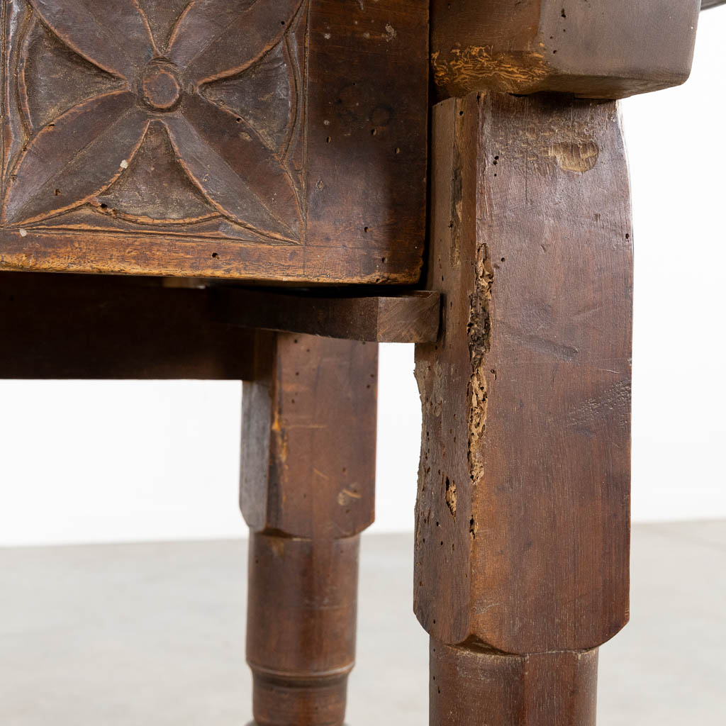 An antique side table, sculptured wood. (L:46 x W:97 x H:76 cm)