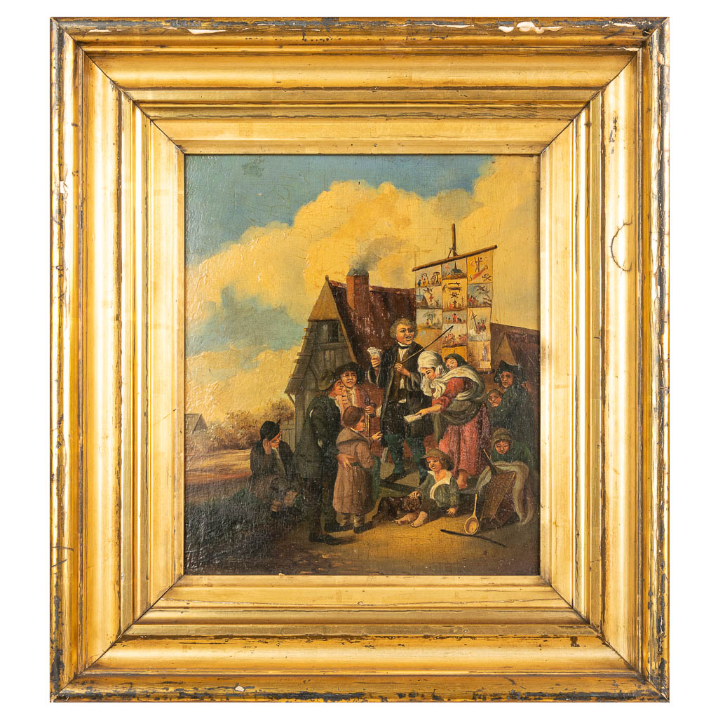 No signature found, a painting of a teacher in the streets, oil on panel. Flemish school, in the style of Teniers. (25 x 29,2 cm