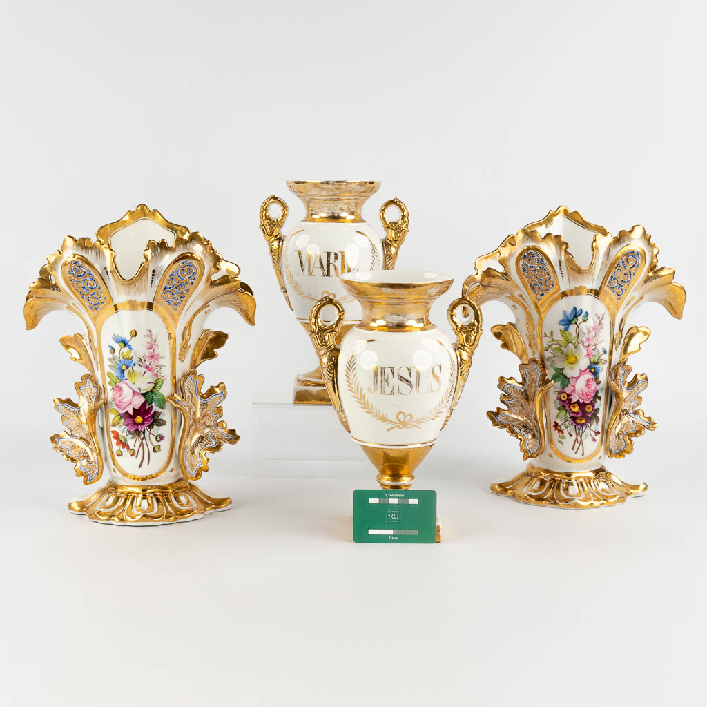 Two pairs of Vieux Bruxelles vases, polychrome porcelain with a hand-painted decor. 19th C. (D:15 x W:25 x H:33 cm)