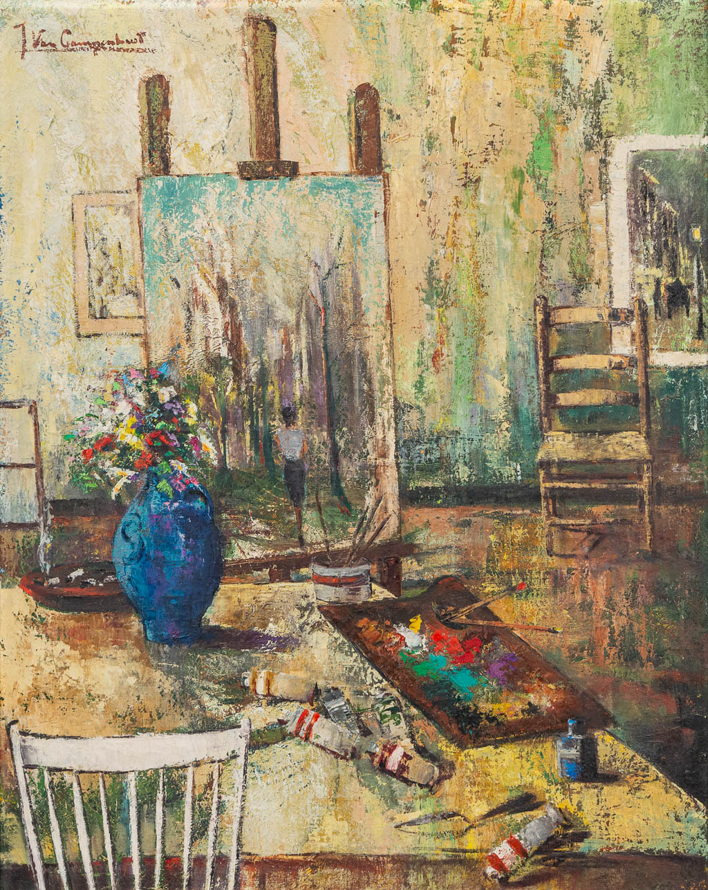 Jan VAN CAMPENHOUT (1907-1972) 'Atelier van de kunstenaar' een schilderij, olie op doek (80 x 100 cm)