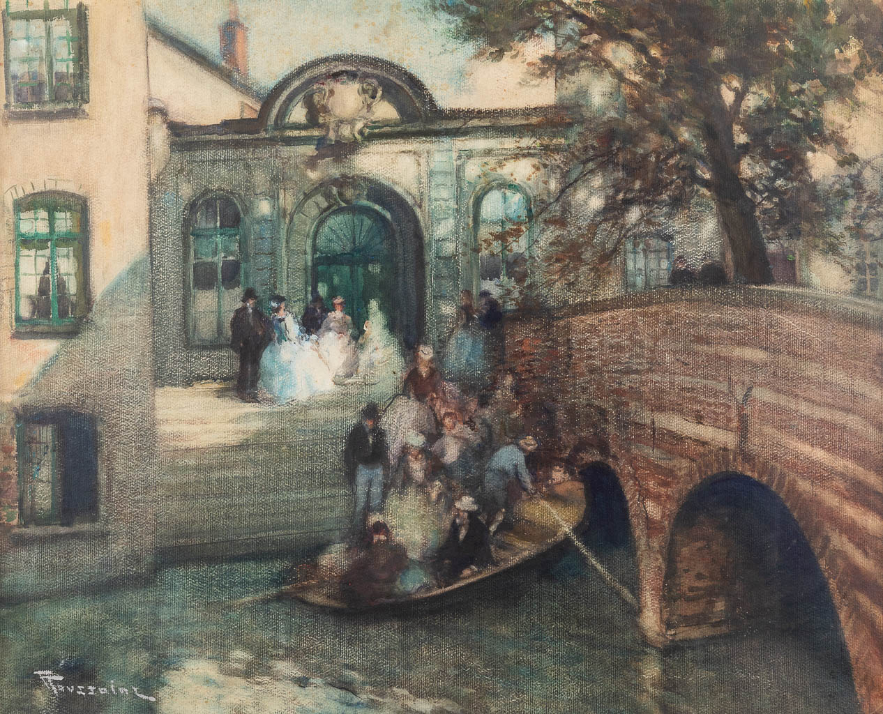  Fernand TOUSSAINT (1873-1955/56) 'Wedding boatride' mixed media on board. 