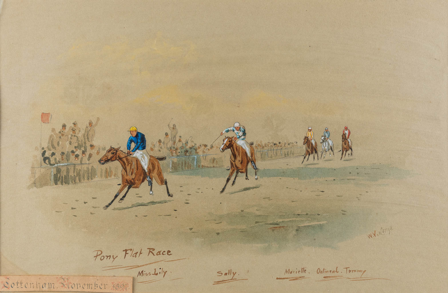 William Verner LONGE (1857-1924) 'Pony Flat Race, Tottenham November 1897' Waterverf op papier. (W:44 x H:29 cm)
