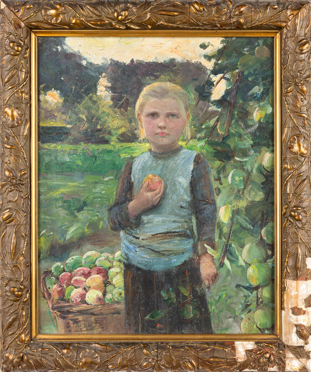 Georges VAN DEN BOS (1853-1911) 'Girl' a painting of a young girl with an apple, oil on panel. (33 x 41 cm)