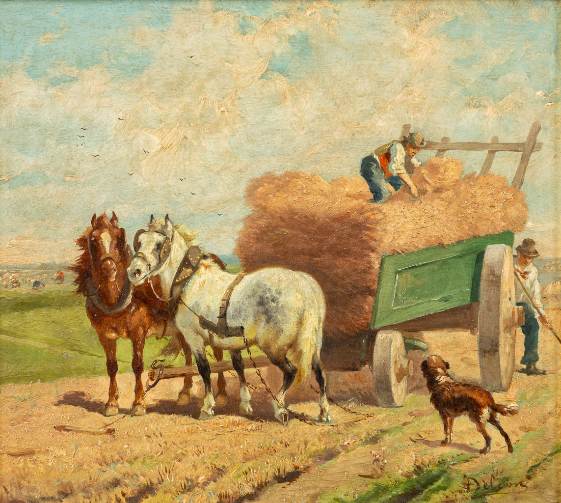 Délion (XIX) 'De Paardenkar' olie op paneel. (W:26 x H:23 cm)