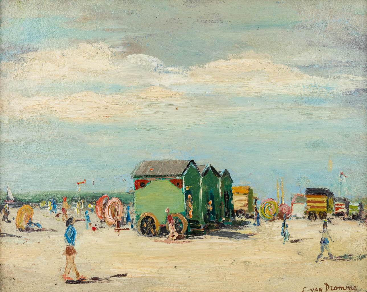 Emiel VAN DROMME (1913-1998) 'Summer beach' oil on panel. (W:30 x H:23 cm)