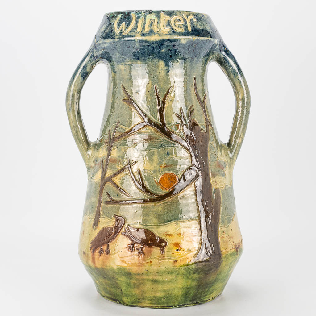 A vase 'Winter' made of Flemish earthenware of the series 'Seasons' made by Armand Maes in Torhout