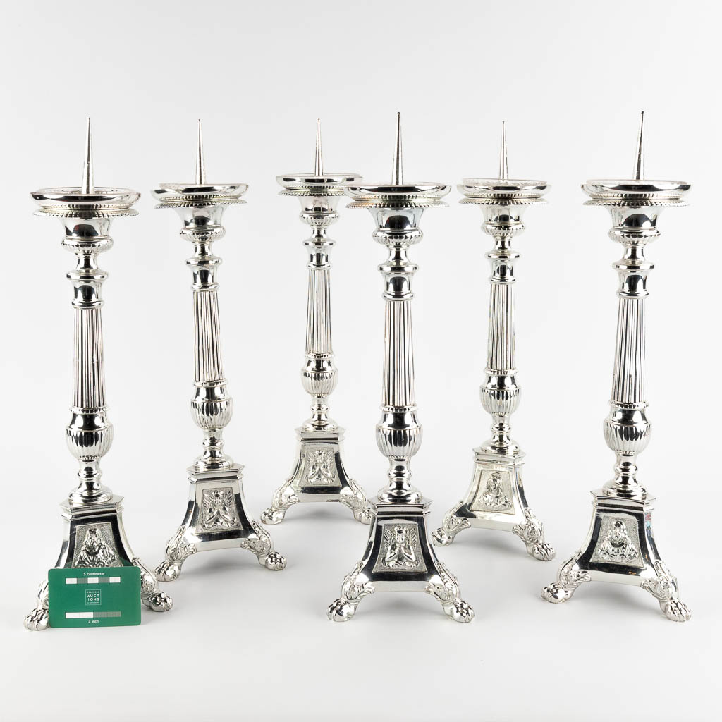 A set of 6 church candlesticks, plated metal. 20th C. (D:14 x W:14 x H:46 cm)