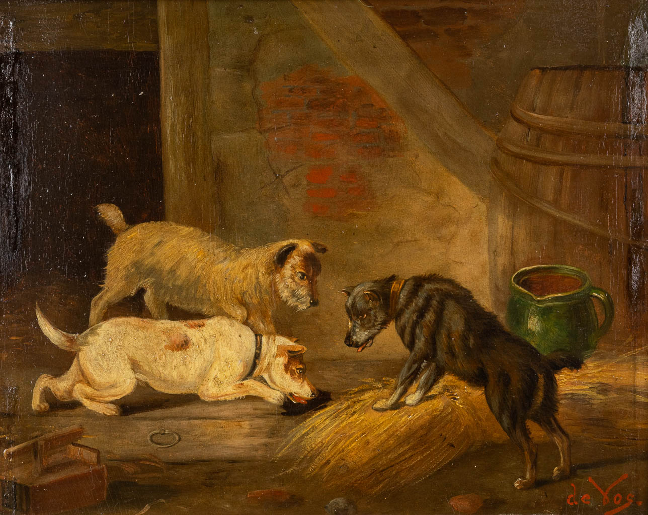 Vincent DE VOS (1829-1875) 'Speelse hondjes' olie op paneel. (W:30,5 x H:24 cm)