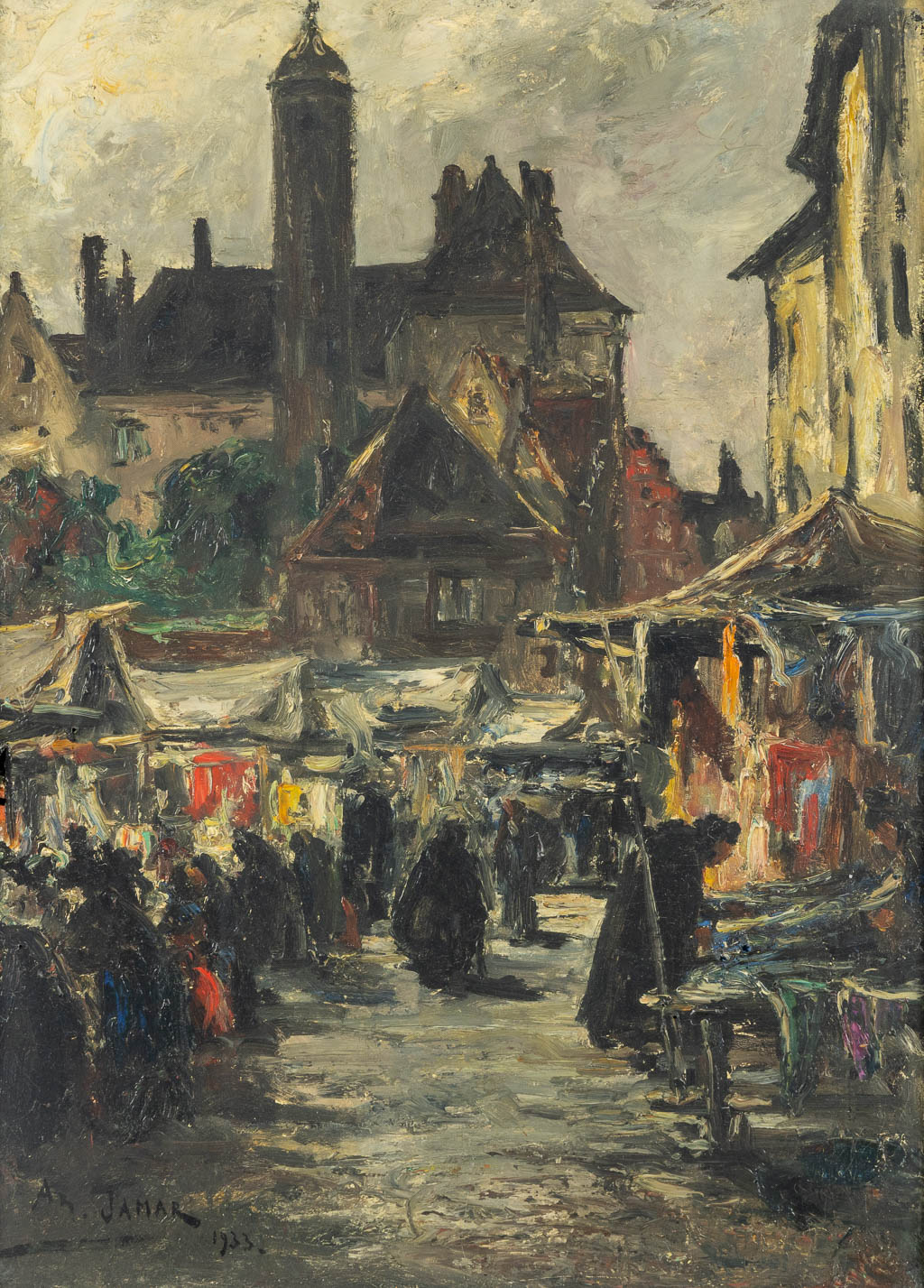 Armand JAMAR (1870-1946) 'Zicht op een markt' 1933. (W:55 x H:75 cm)