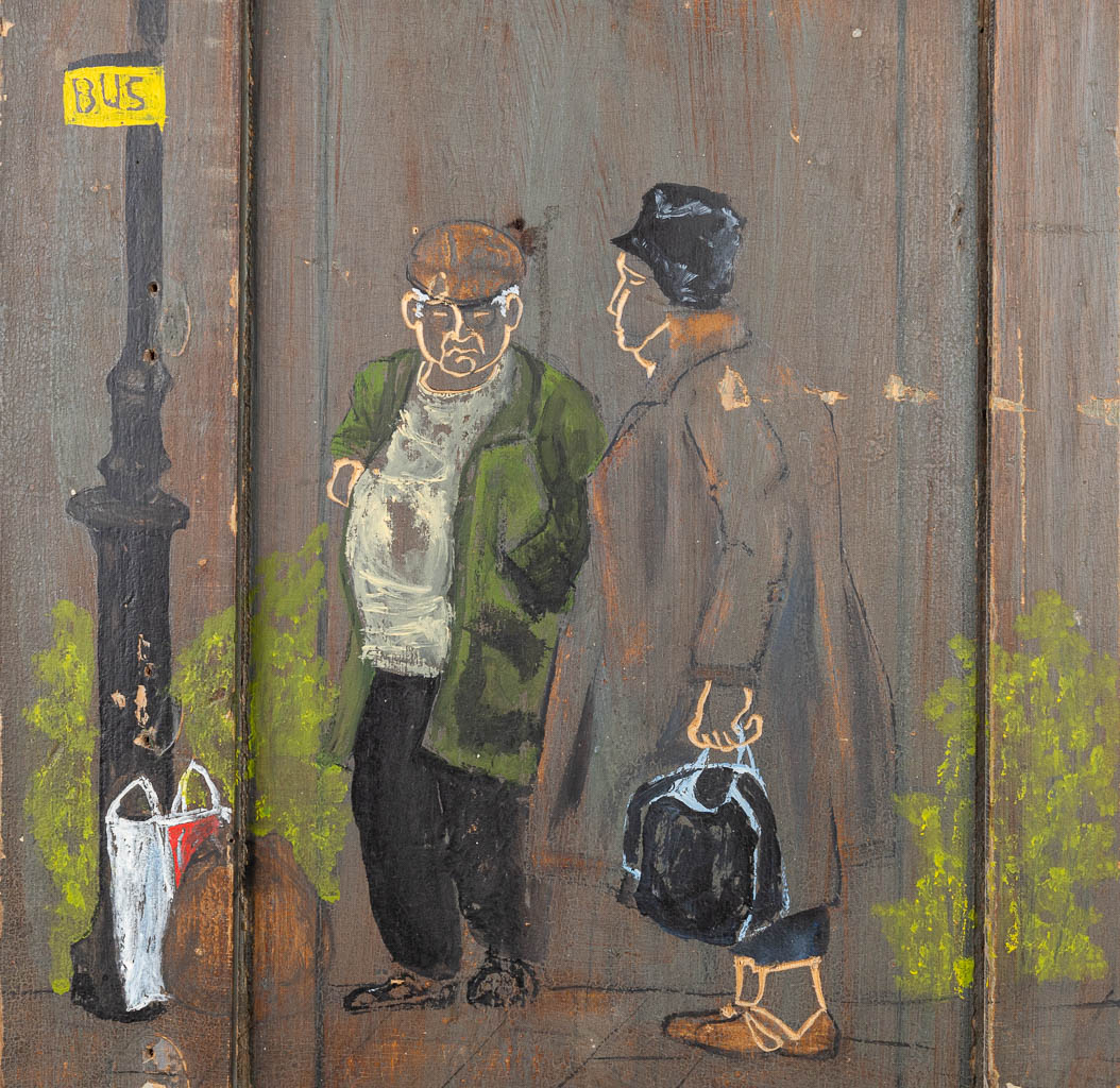 Fons BREEKELMANS (XX) 'The Bus stop' a painted door. Oil on panel, 2000. (46 x 77 cm)