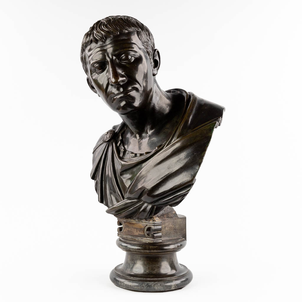 The Roman Senator Brutus, a bust, patinated bronze mounted on a marble base. (D:29 x W:39 x H:62 cm)