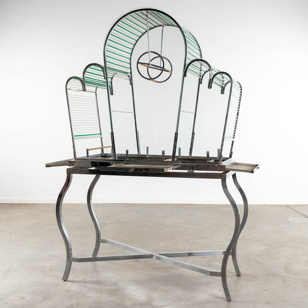 A large birdcage, chrome and glass, circa 1950. (D:53 x W:128 x H:186 cm)