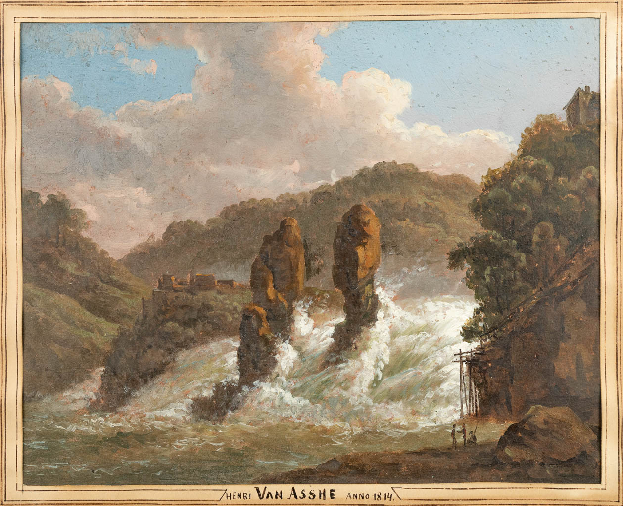 Henri VAN ASSCHE (1774-1841) 'De Waterval' een schilderij, olie op papier. (26 x 20 cm)