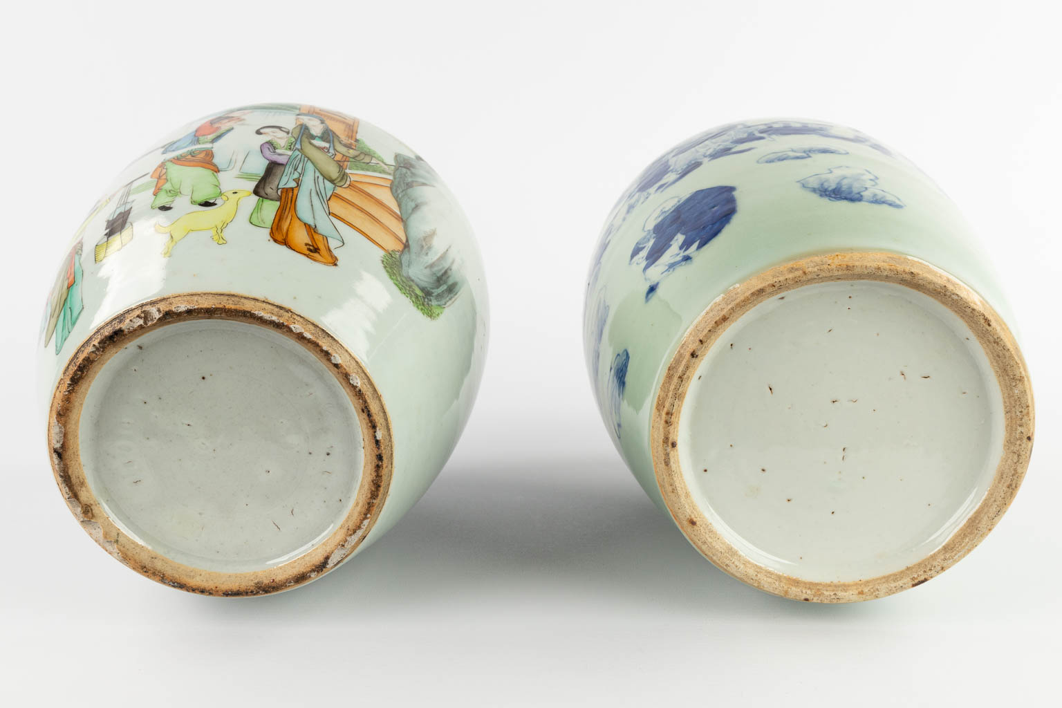 Two Chinese ginger jars, celadon and polychrome decor. 19th/20th C. (H:34 x D:22 cm)