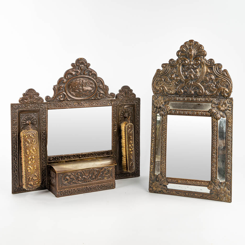 A collection of 2 mirrors with repousse copper and a shoeshine kit. (H:52cm)