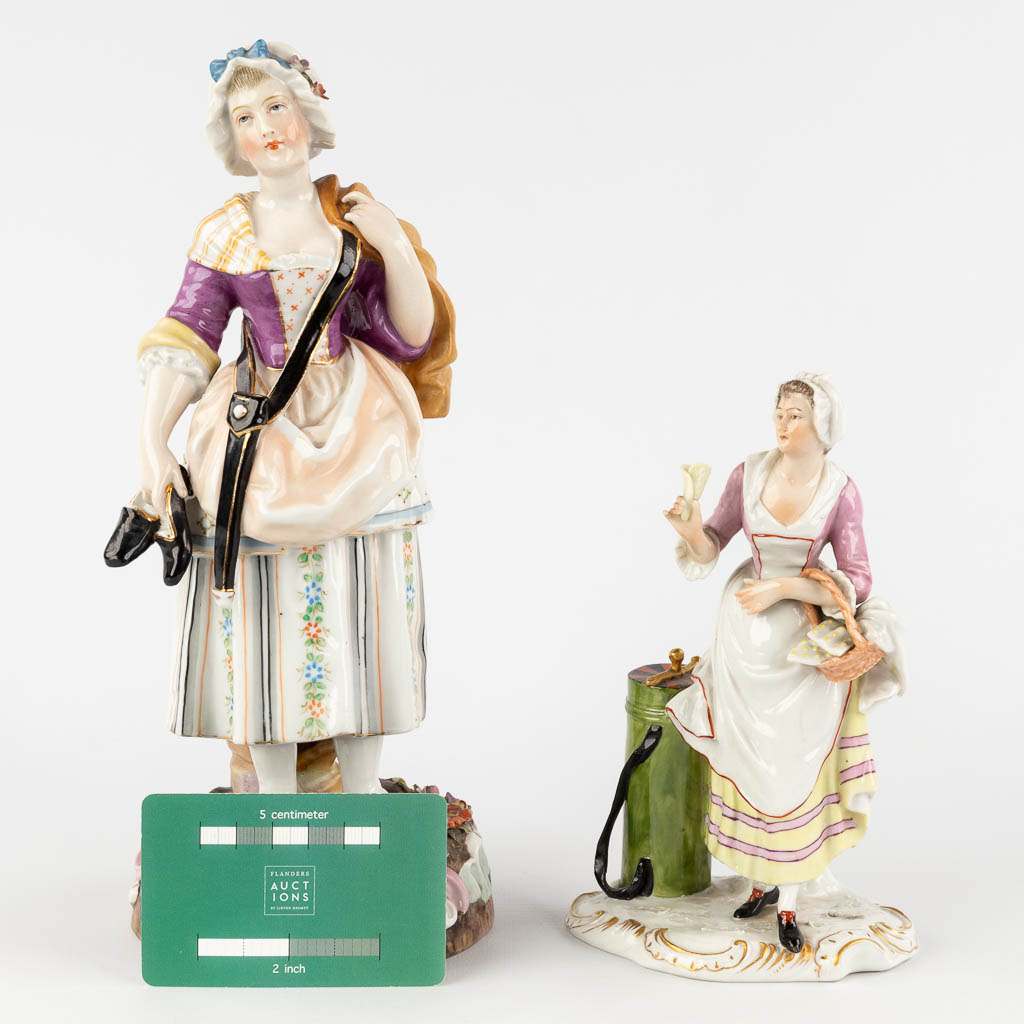 Milan and Ludwigsburg, 2 polychrome porcelain figurines. 19th C. (D:11 x W:12 x H:27 cm)