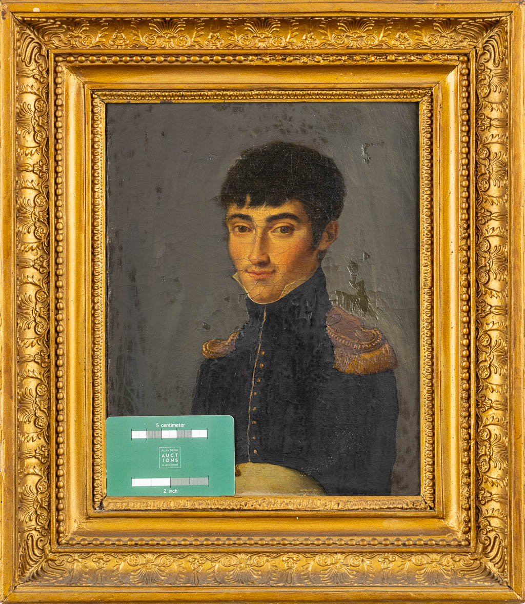 Portret van een jonge soldaat, olie op doek. Waarschijnlijk Empire periode. (W:22 x H:27 cm)