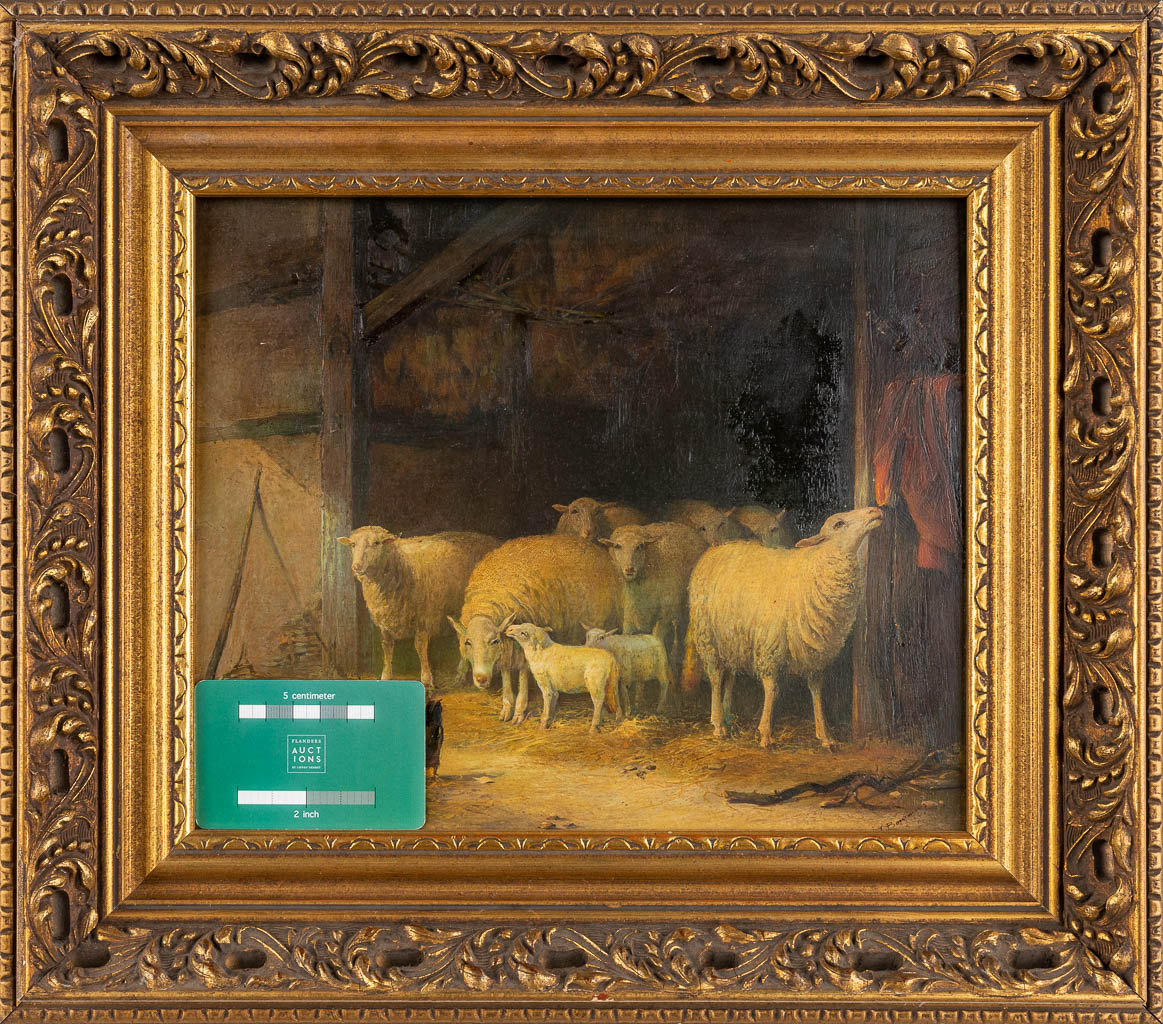 Interior of a barn with sheep, oil on panel. 19th C. Signed 