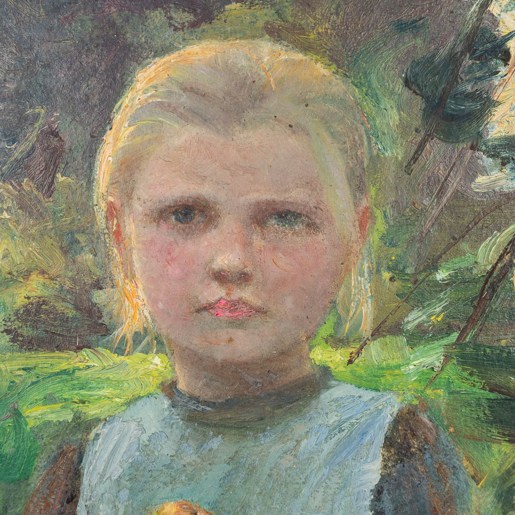 Georges VAN DEN BOS (1853-1911) 'Girl' een schilderij van een jongedame met appel, olie op paneel. (33 x 41 cm)