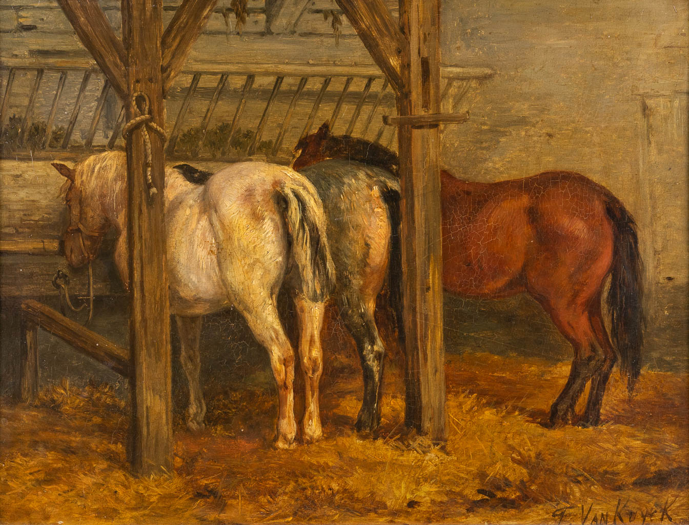 Frans Pieter VAN KUYCK (1852-1915) 'Paarden in de stal' olie op paneel. (W:50 x H:39 cm)