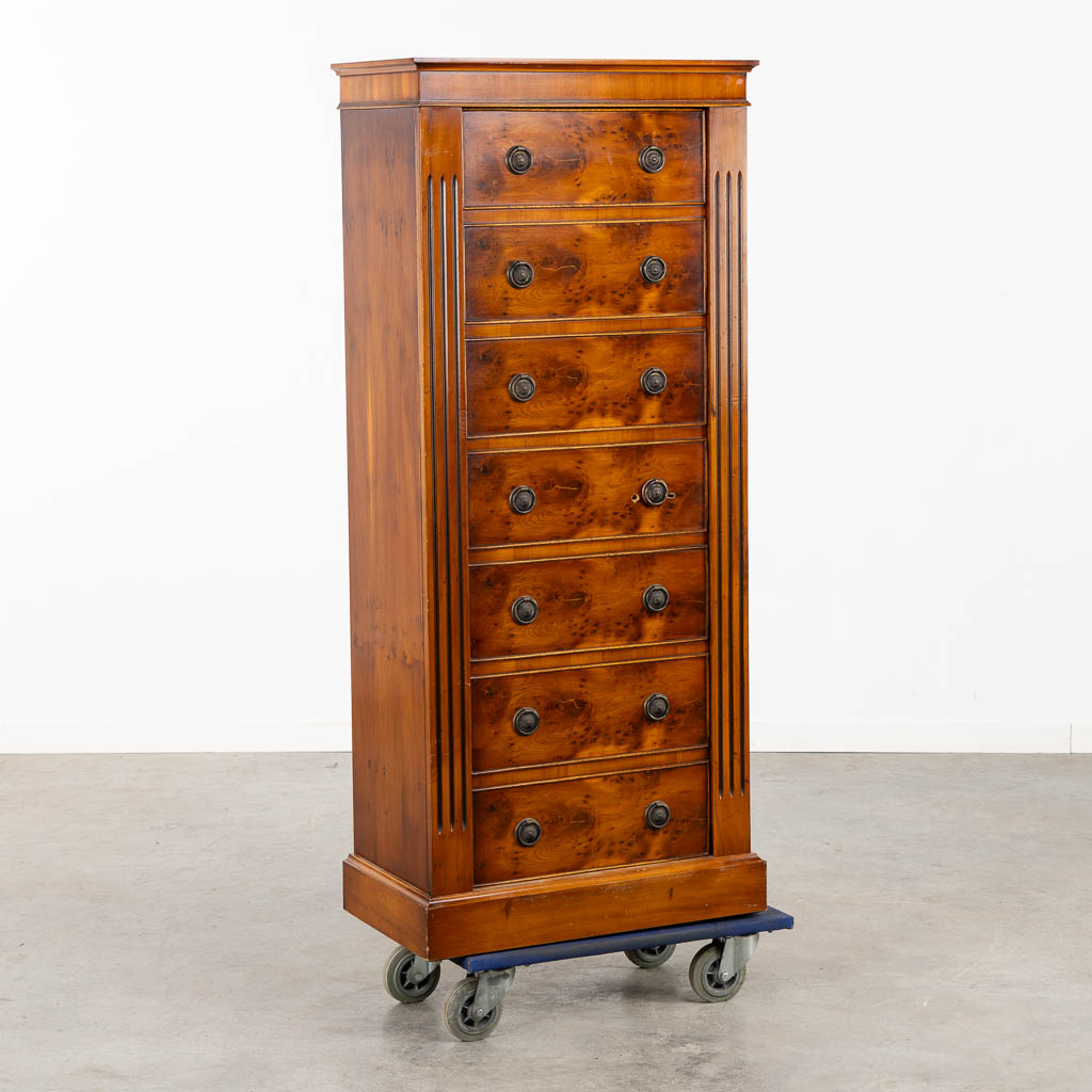 An armory cabinet/safe, metal mounted with wood. Circa 1980. (L:34 x W:60 x H:139 cm)