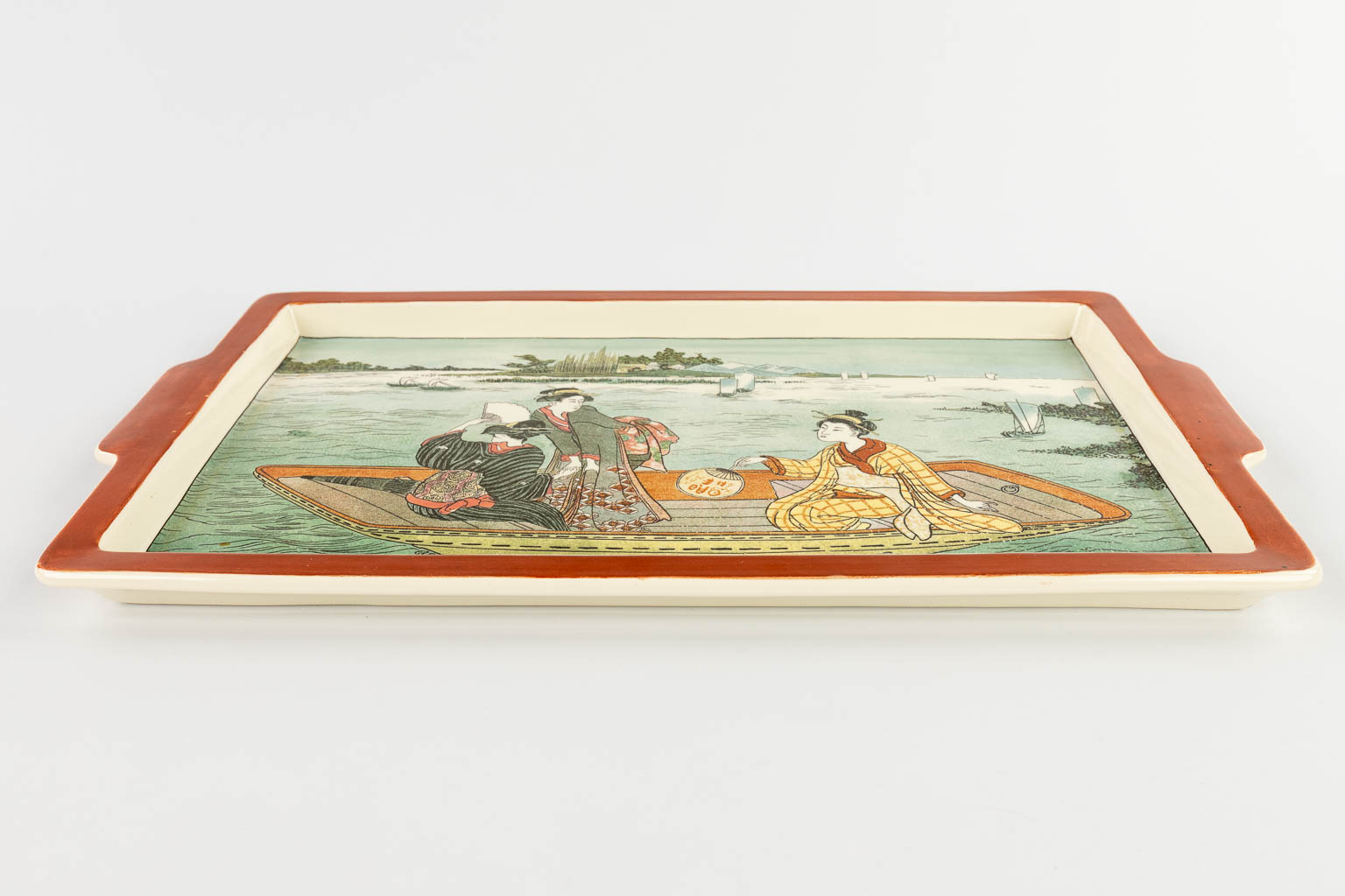 Sarreguemines, a faience serving tray with Japanse decor. Dated December 1863. (D:28,5 x W:47 cm)
