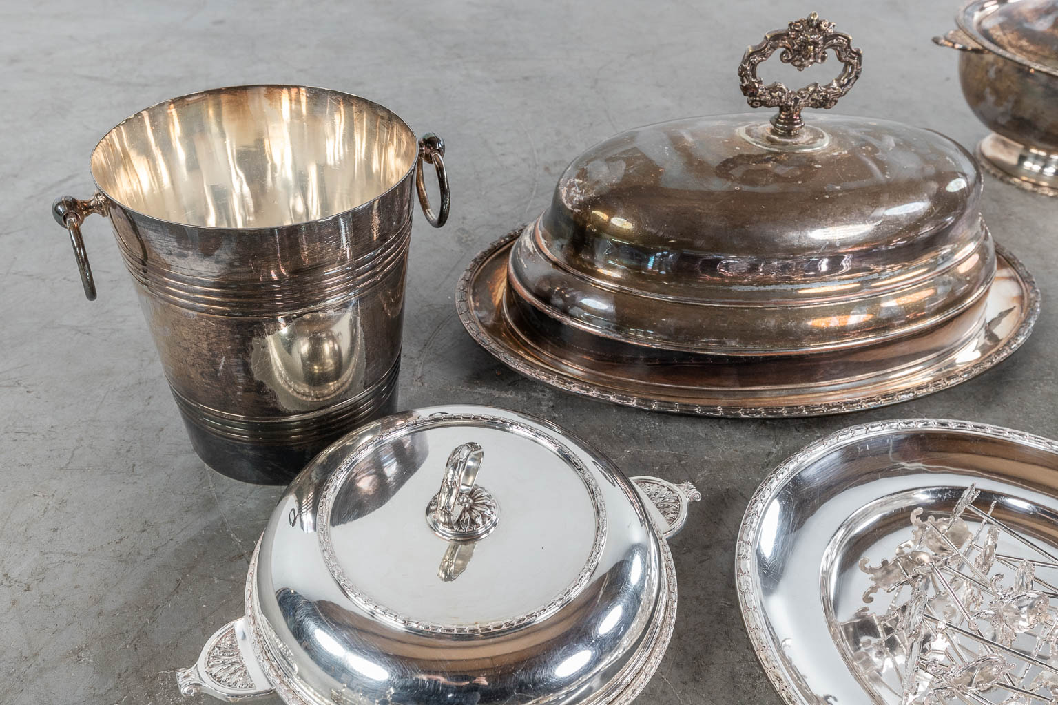 A large collection of table accessories and serving ware, silver-plated metal. (L: 32 x W: 48 cm)