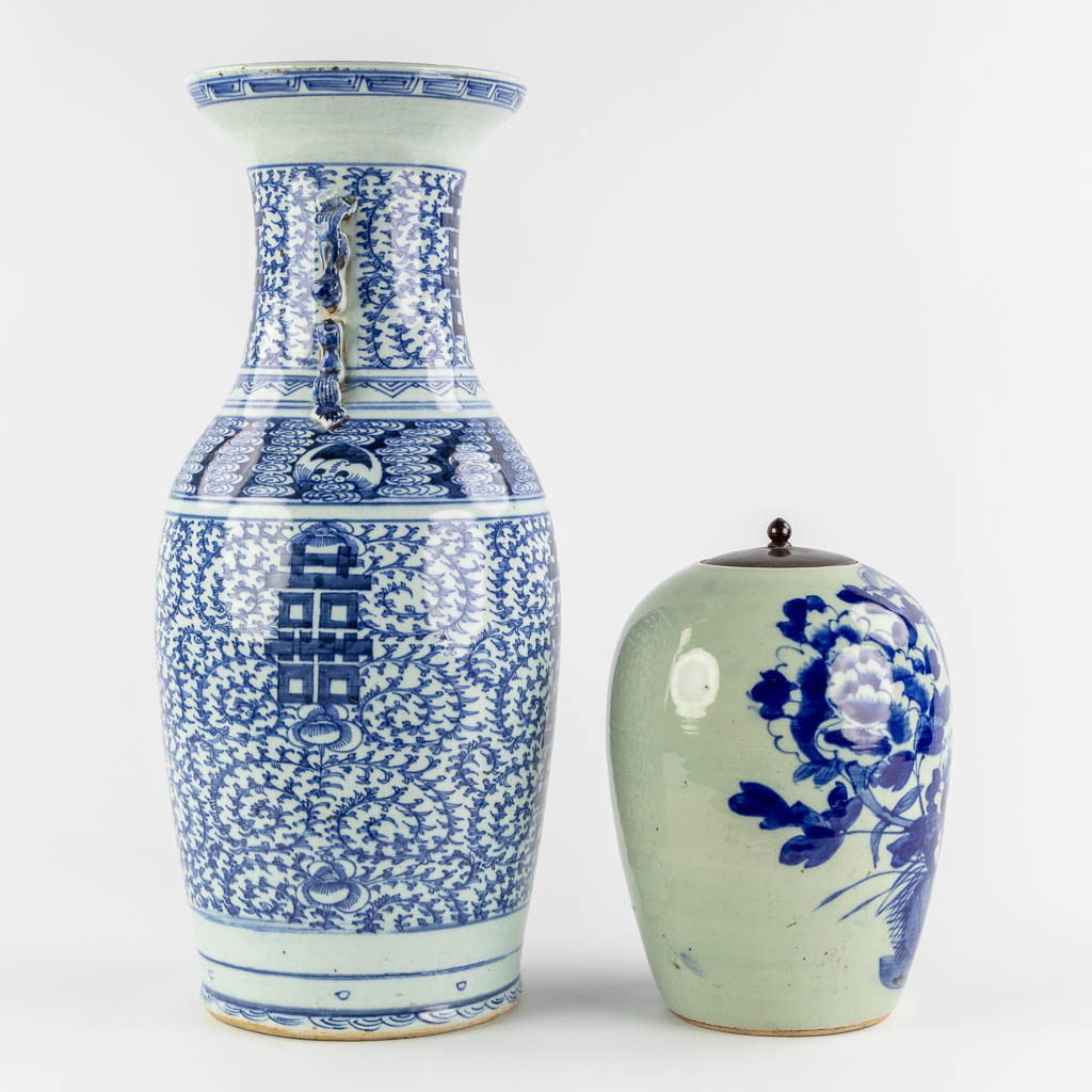 A Chinese celadon vase and ginger jar with a blue-white Double Xi and Floral decor. 19th/20th C. (H:59 x D:25 cm)