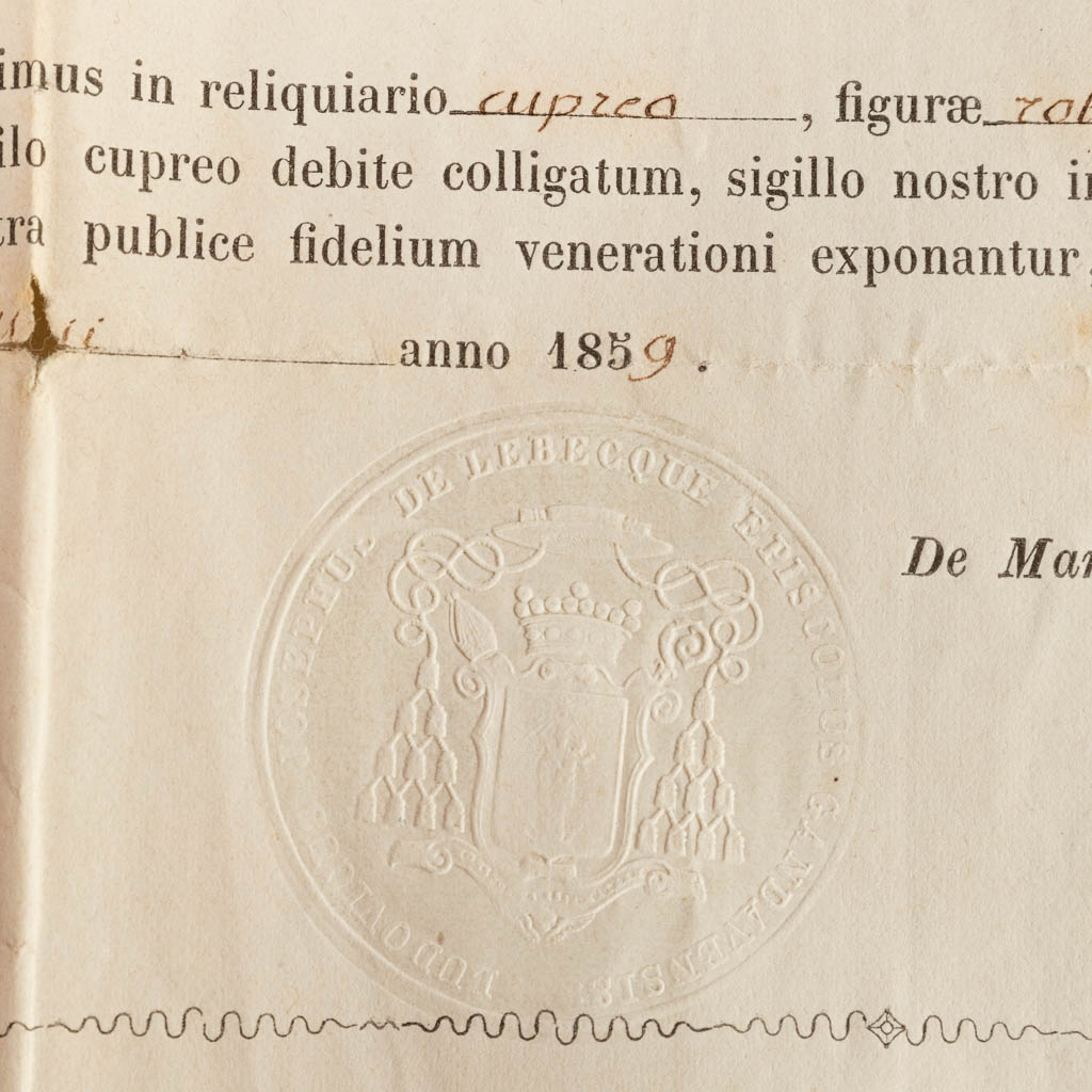 A sealed theca with a relic: Ex Ossibus Sanctae Maximae Martyris