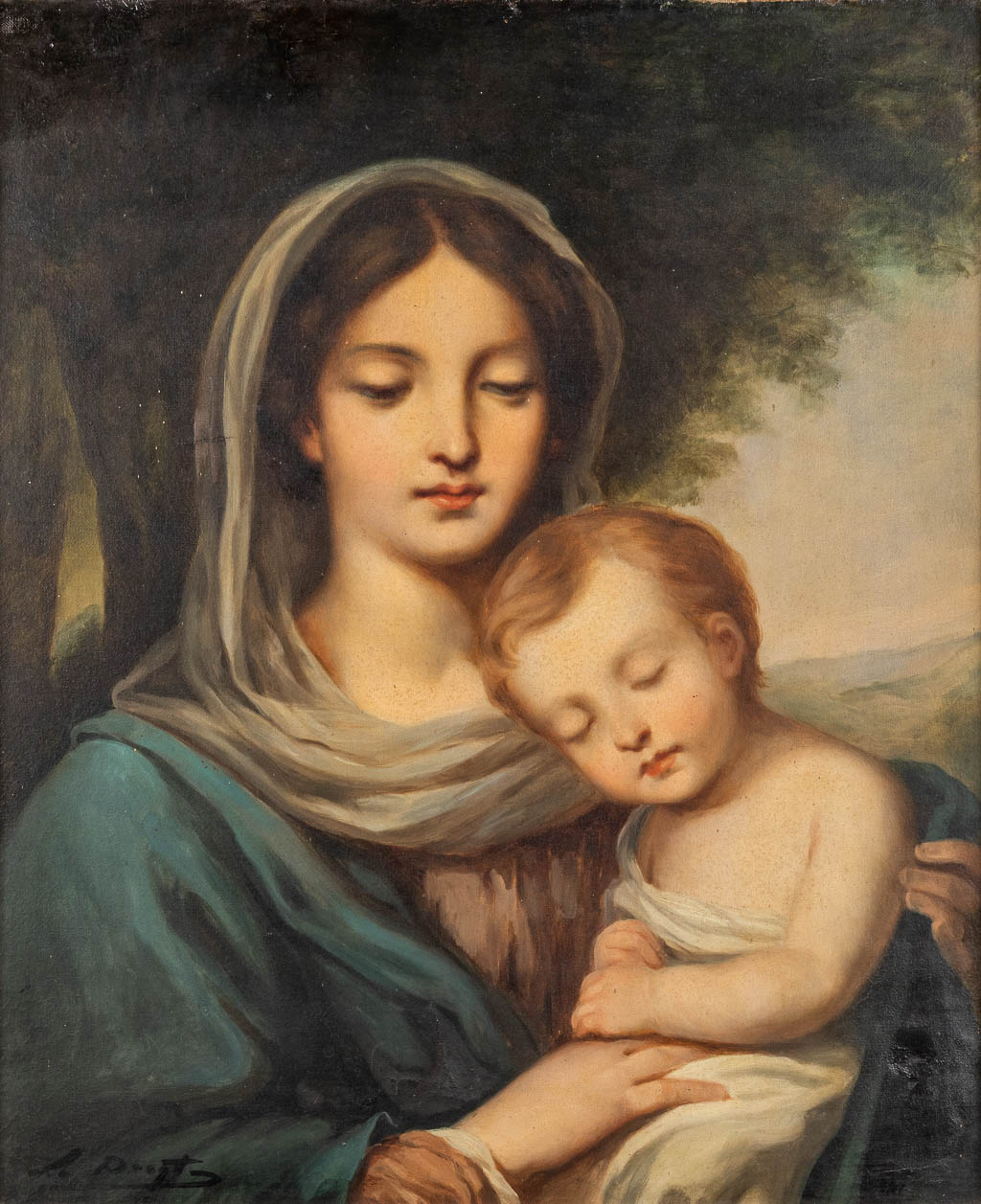  Een antiek schilderij 'Moeder met kind' olie op doek. 19de eeuw.