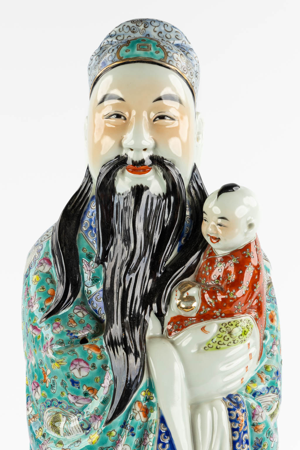 Three Chinese Famille Rose porcelain figurines of Fu, Lu and Shou. 20th C. (L:15 x W:20 x H:62,5 cm)