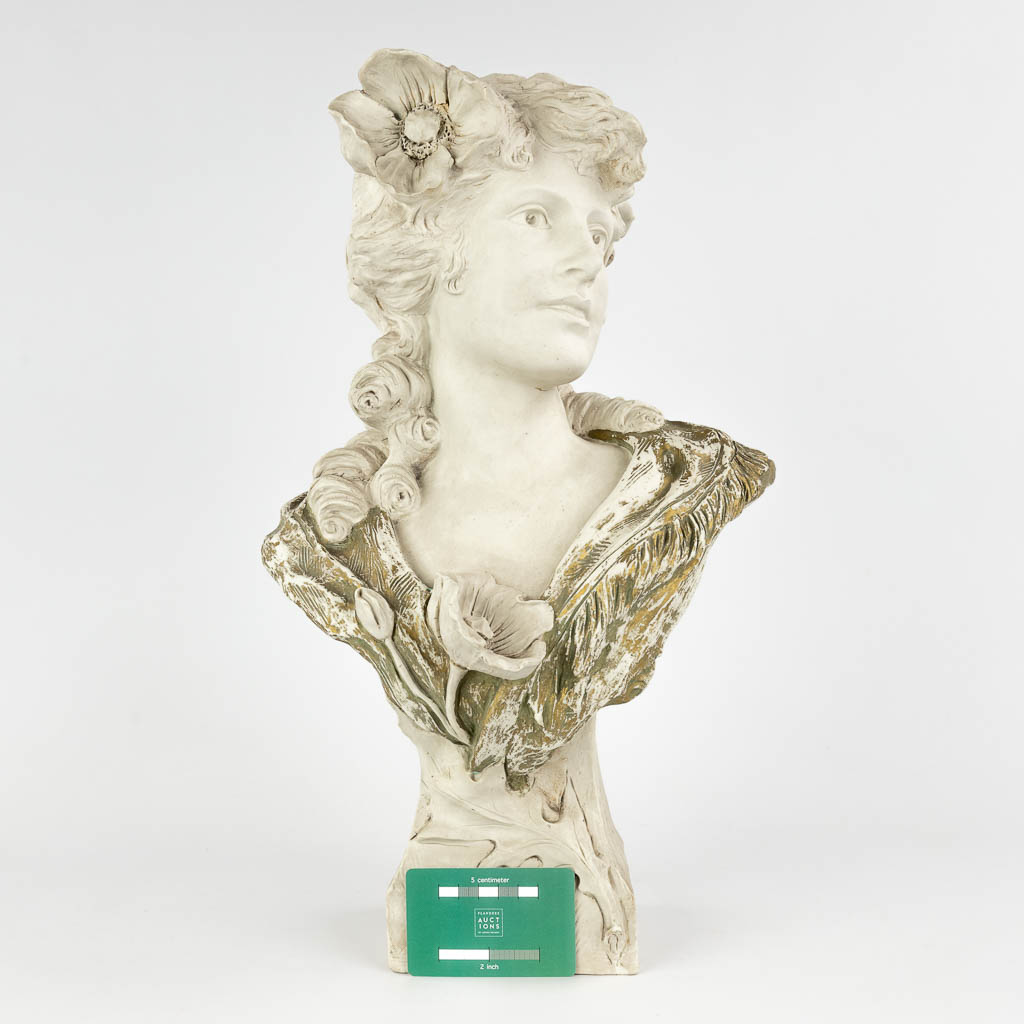 Bust of a lady, faience in art nouveau style. Signed Diaz. (D:26 x W:28 x H:48 cm)