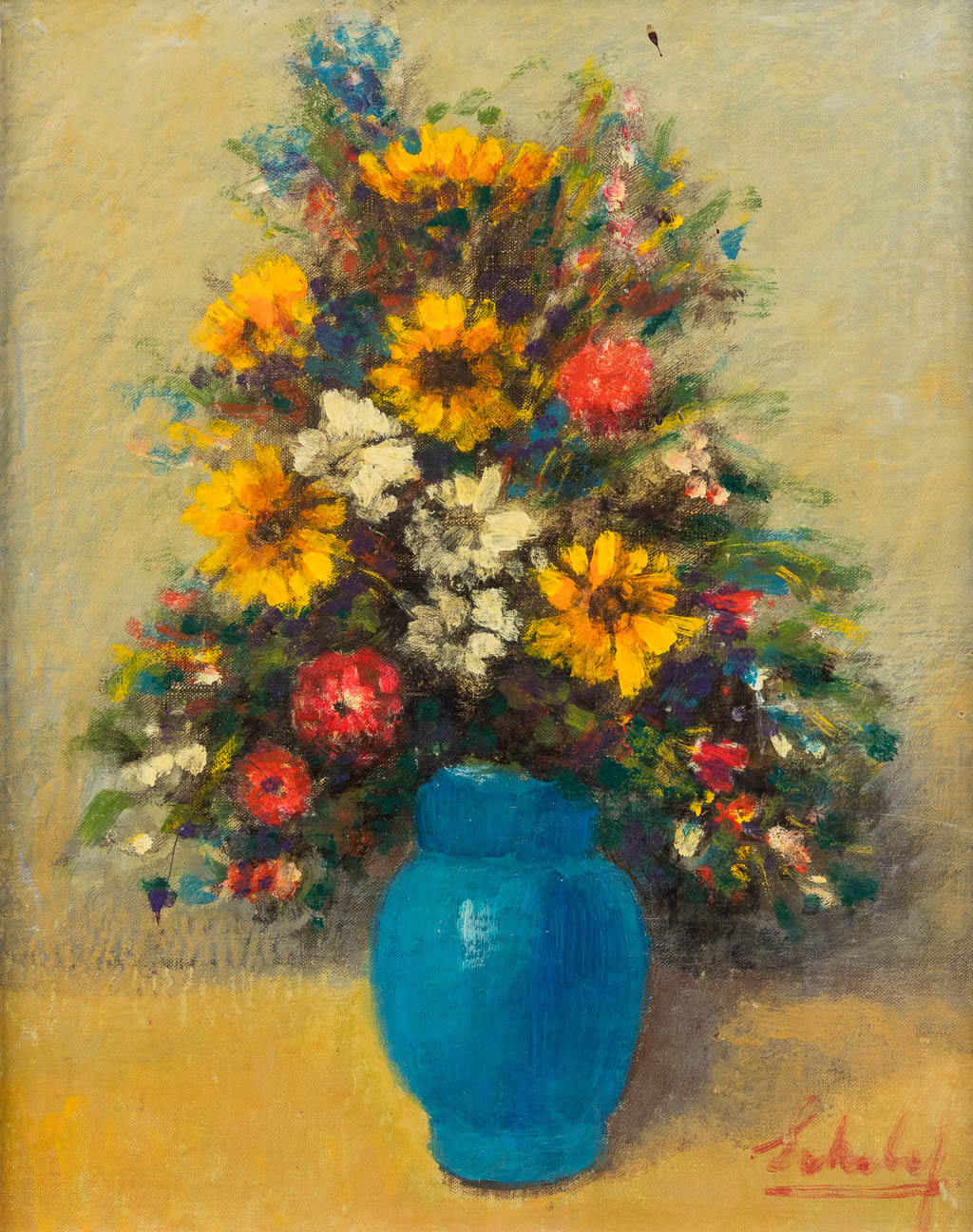 Maurice SCHELCK (1906-1987) 'Bloemenvaas' olie op doek. (W: 40 x H: 50 cm)