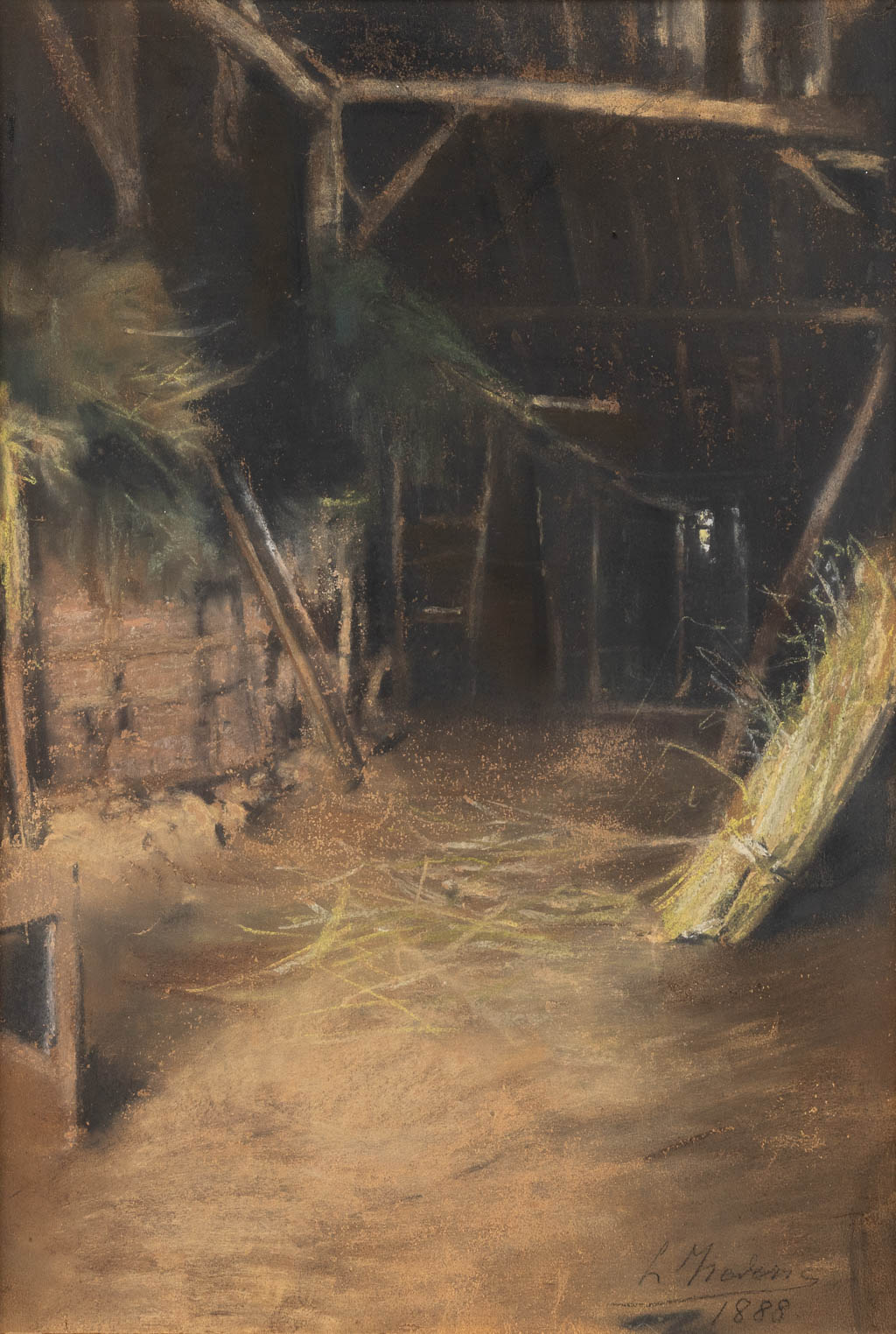 Léon FREDERIC (1856-1940) 'Barn interior' gouache on paper. 1888 (W:36 x H:52,5 cm)