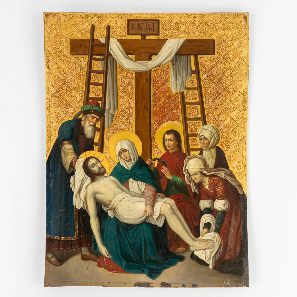 Statie 13: 'Jesus wordt van het kruis gehaald'. Een antiek schilderij, olie op koper. 18de eeuw. (W:40 x H:54 cm)
