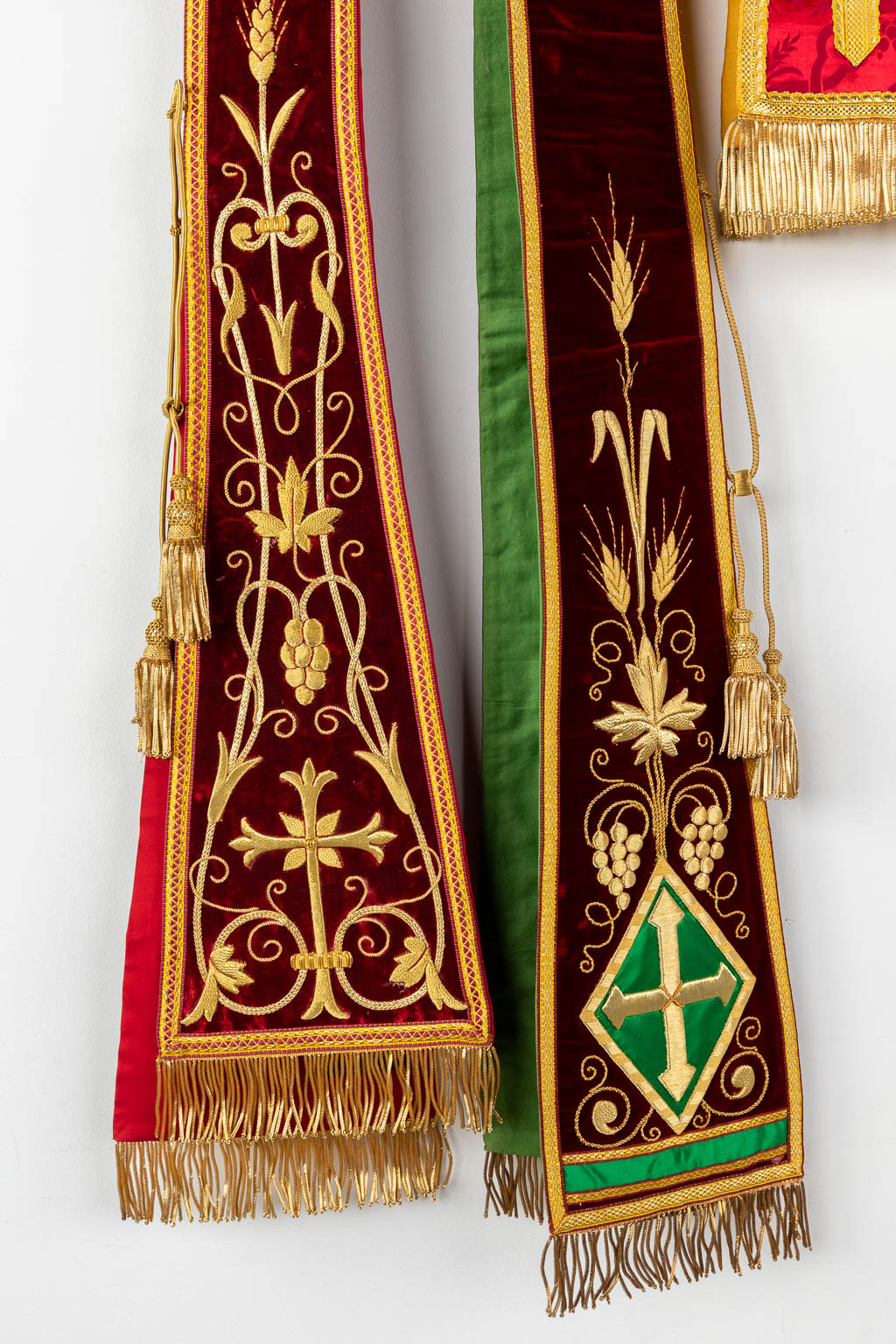 Four Roman Chasubles, Chalice veil, Stola and Maniple, thick gold thread embroideries.