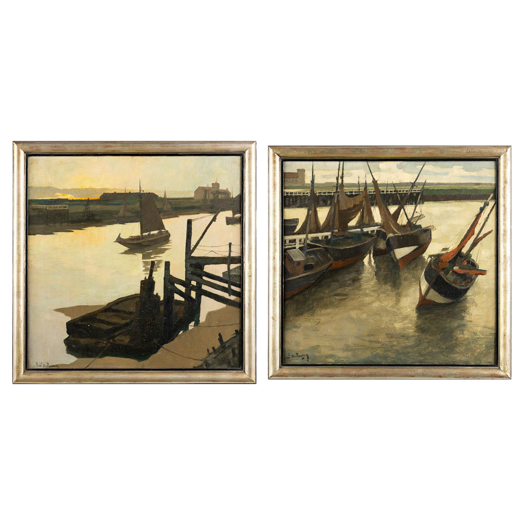 Een decoratief paar schilderijen, 'Marine' olie op paneel. Getekend 'Henry De Tanoy'. (W:61 x H:59 cm)